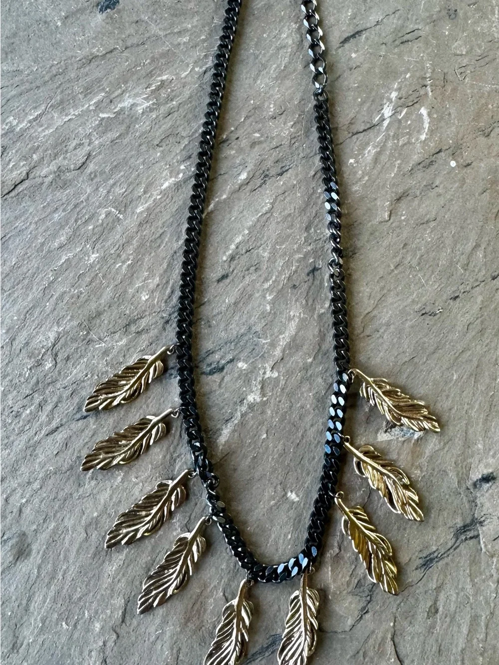 Stella & Dot Black Chain Necklace with Gold Feather Pendants